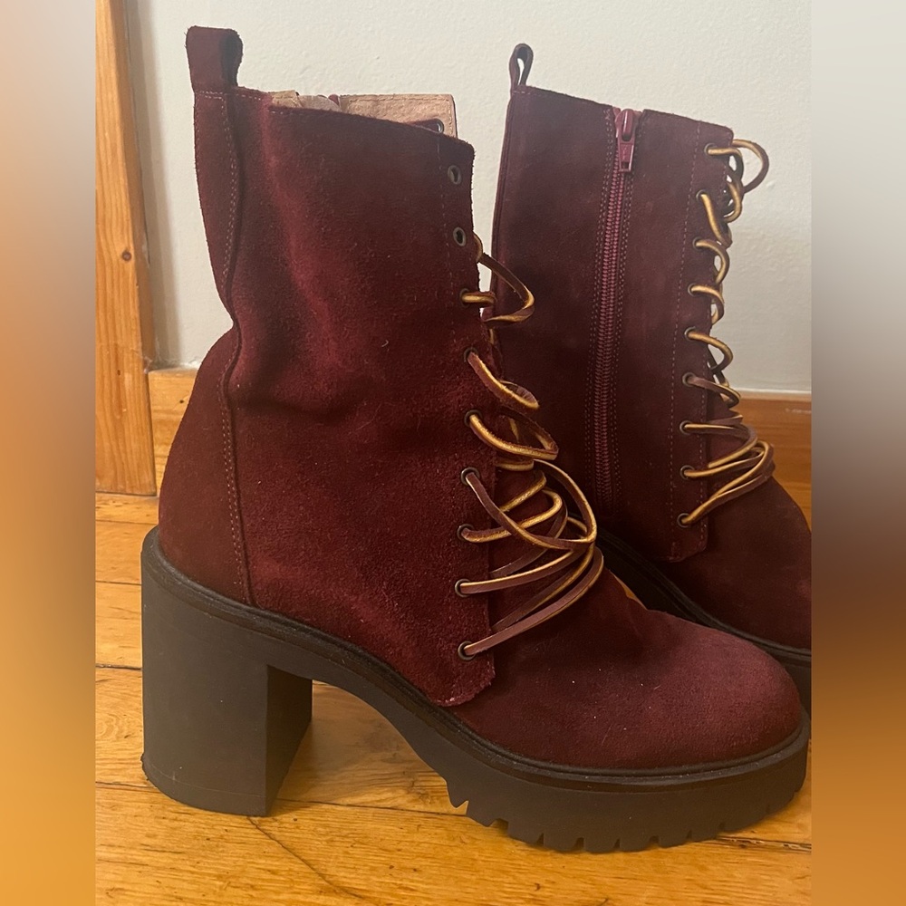 Free People Dark Red Heeled Lace-Up Boots